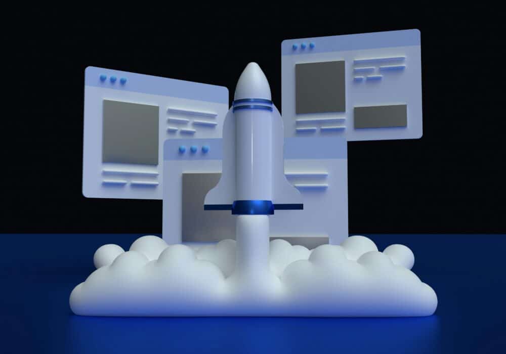 Rocket launching from cloud background