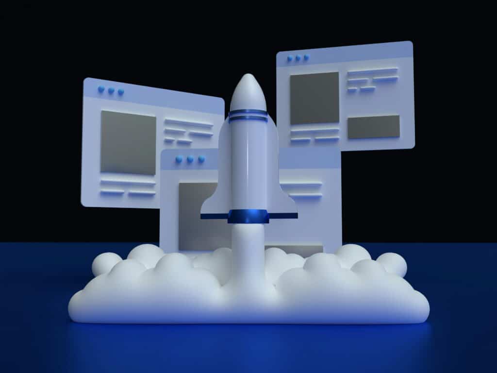 Rocket launching from cloud background