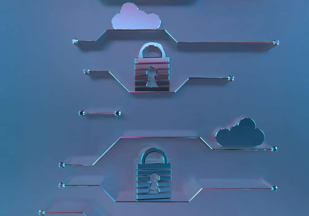 Digital locks and clouds on background