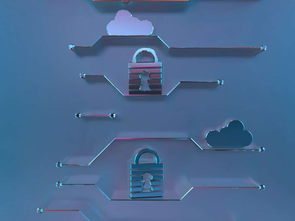 Digital locks and clouds on background