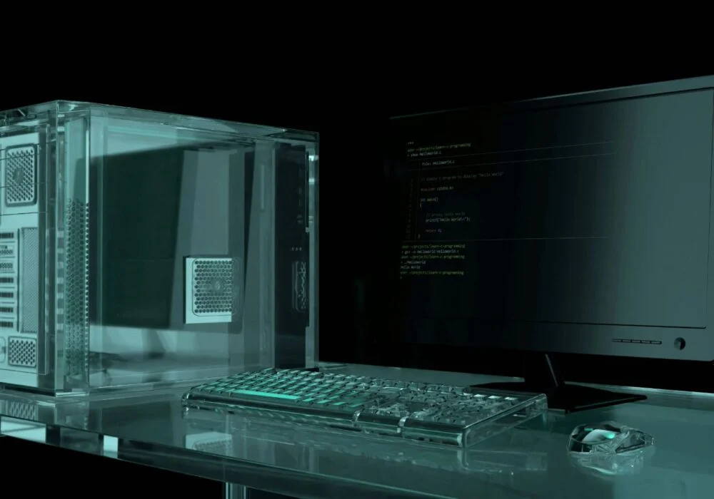 Transparent computer setup with keyboard.