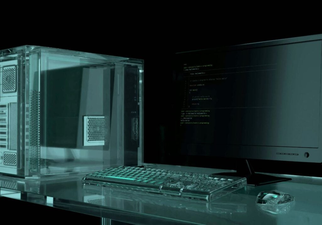 Transparent computer setup with keyboard.
